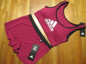 *送料無料*新品*M*adidas*ハーフトップ+ハーフショーツ*ダークピンク*吸汗速乾*ドライ*スポーツブラ*エンジ*アディダス*グンゼ*