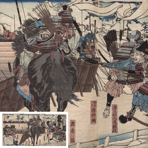 【浮世絵】真作「歌川豊宣」木版画「源平宇治橋大合戦之図 橋合戦」三枚続 時代 当時摺 武者絵 大判錦絵 初出し ukiyoe toyoobu 2