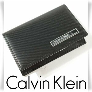 新品1円～★CK CALVIN KLEIN カルバンクライン メンズ 牛革レザー 名刺入れ カードケース 黒 箱付 ポリッシュ プレゼントに♪◆3350◆