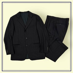 上下◆allegri アレグリ シルク混 セットアップ スーツ ストライプ テーラードジャケット スラックスパンツ 48L / 黒 ブラック 日本製