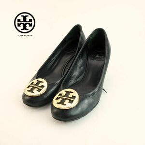 Tory Burch トリーバーチ 6 1/2 23.5 パンプス ウェッジソール /ラウンドトゥ ブランドロゴ ゴールド金具 レザー 黒 ブラックOC140