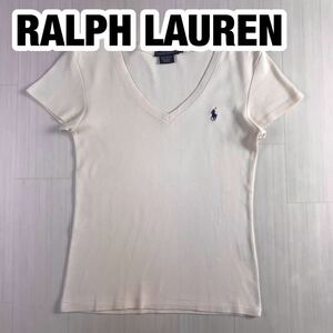 RALPH LAUREN ラルフローレン 半袖Tシャツ M アイボリー Vネック 刺繍ポニー ワンポイントロゴ