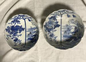 蔵出し!!　山半製造 古伊万里 染付 金彩 割り絵 山水図鉢 古美術 幕末 2枚まとめて!!