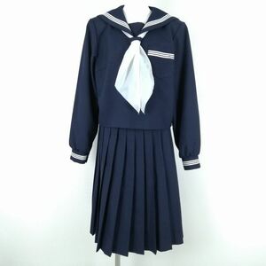 1円 セーラー服 スカート スカーフ 上下3点セット 大きいサイズ 冬物 白3本線 女子 学生服 中学 高校 紺 制服 中古 ランクB NA3415