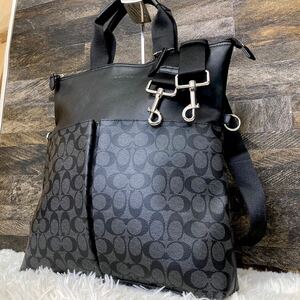 極美品 COACH コーチ トートバッグ ショルダーバッグ 2way チャールズ シグネチャー ロゴ柄 A4 レザー シボ革 黒 ブラック ビジネス メンズ