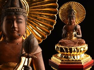 【流】仏教美術 時代 木彫玉眼入仏坐像 高42cm KV059