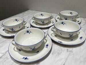 A1811 Noritake ノリタケ CRFTONE クラフトーン スープカップ＆ソーサー 5客 白 ホワイト 青 ブルー 花柄 保管現状品