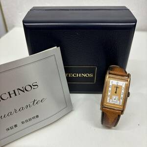 【C-25091】TECHNOS テクノス 12408.55 スモセコ クォーツ 腕時計 ゴールドカラー ベルト革損傷 デイト Z3700013