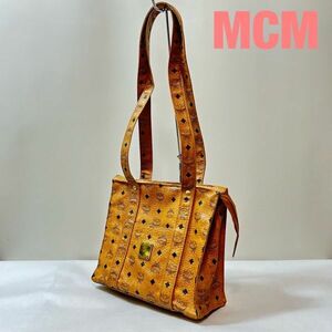 II0023★7 高級 MCM エムシーエム 総柄 ロゴ レザー セミショルダー ハンド トート バッグ 鞄 レディース ブラウン 黒