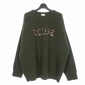 セリーヌ CELINE 22AW レオパード エンブロイダリー クルーネック ニット リブ網み セーター ウール M カーキ 2AB97650S メンズ