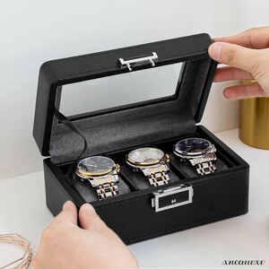 お洒落な ウォッチケース 腕時計 3本収納 ブラック カーボンファイバー ディスプレイ アクセサリー コレクション 収納 ボックス ケース