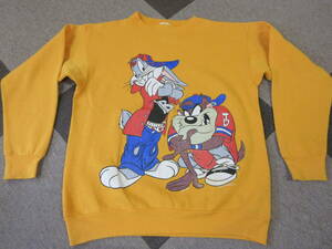 90s Warner Bros 両面プリント スウェット L~XL 黄色 ヴィンテージ アメコミ アニメ トレーナー Bugs Bunny Tasmanian Devil ヒップホップ