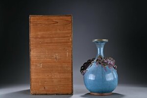 【華】某有名収集家買取品 時代物 施釉陶 藍釉 龍文花瓶 共箱 古美術 骨董品YB23060-PU