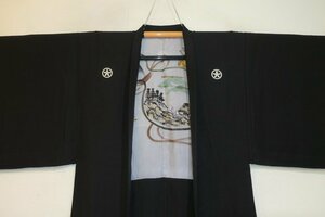 弐9184 本絹羽二重 男性黒紋付羽織 裄65 К丸に糸桜 美品