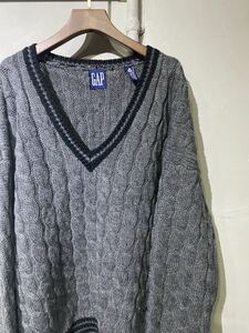 【即決】90s OLD GAP オールド ギャップ チルデンニット セーター Vネック ウール チャコール グレー 古着 L