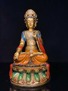 ▽鴻▽ 銅製 彩繪 金鍍 觀音菩薩像 置物 古賞物 中国古玩 中国古美術