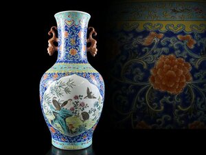 【雲】中国古玩 唐物 色絵粉彩花鳥絵付耳付花瓶 高さ54cm 古美術品(旧家蔵出)CA9527y OTcdsq