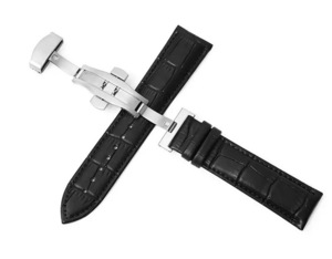 時計ベルト 腕時計ベルト　クロコダイル型押し　レザーベルト　時計バンド 替えベルト Dバックル レザー カーフ革 修理 20mm ブラック