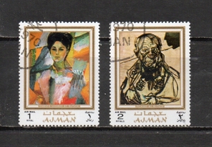 209133 アラブ休戦土候国 アジュマーン 1971年 肖像画家アレクザンダー・ルッチェの絵画 (3) 1R、2R 2種完揃 使用済