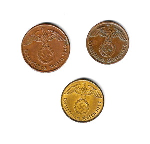ドイツ第三帝国　(鉤十字) - 1, 2, 5 ライヒスペニヒ/青銅貨 黄銅貨★ZD-26