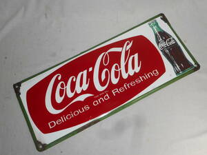 古いホーロー看板★デリシャス・コカコーラ・緑色枠・当時物・日本製・本物・片面★企業物・非売品