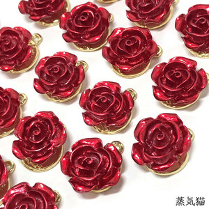 c2167 赤い薔薇チャーム 6個【バラの花 フラワー ピアス イヤリング ハンドメイド用アクセサリーパーツ素材】蒸気猫パーツ