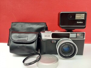 ■ KONICA HEXAR Silver コンパクトフィルムカメラ 35mm F2.0 動作確認済 シャッター、露出計OK ストロボ HX-14 AUTO コニカ