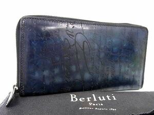 1円 ■美品■ Berluti ベルルッティ カリグラフィ イタウバ ネオ レザー ラウンドファスナー 長財布 ウォレット ネイビー系 AY2289