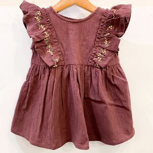 【新品　coto cotte コトコト 100㎝　ワンピース　チュニック　刺繍　ブラウン　花　ミモザ　フリル　かわいい　サマードレス