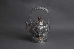 極上純銀製 龍紋彫り 象嵌 高工芸 芸術の銀器 湯沸し 銀瓶 煎茶道具