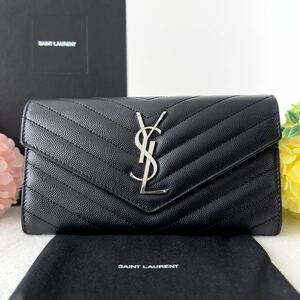 1円〜★SAINT LAURENT サンローラン Vステッチ 長財布 パリ キャビアスキン キルティング YSL 折り財布 レザー 372264 ブラック 黒