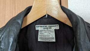 KATHARINE HAMNETT LONDON 　レザー　美シルエット　モッズコート　Lサイズ　フード脱着可　ブラック系深緑　クリーニング済　ボタン欠け