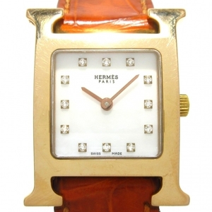 エルメス 腕時計 Hウォッチ HH1.270 レディース K18PG/アリゲーターベルト/□M/12Pダイヤインデックス/シェル文字盤 ホワイトシェル