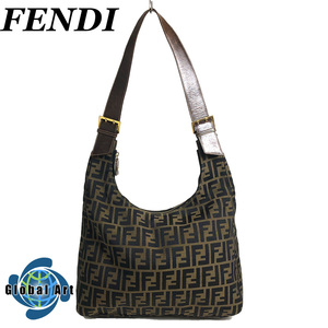 ●3D370【美品】FENDI フェンディ/ショルダーバッグ/ワンショルダー/ズッカ/ゴールド金具/キャンバス/レザー/ブラウン