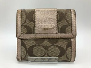 ■【YS-1】 コーチ COACH 2つ折り財布 ■ シグネチャー 茶系 × ピンク系 定期入れ 小銭入れ有り 横11cm×縦10cm 【同梱可能商品】K■