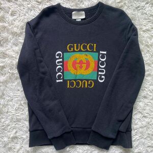 2113 18aw 美品 正規代理店●GUCCI グッチ トレーナー スウェット ヴィンテージ加工 ロゴ ブラック メンズ レディース インターロッキング