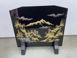 輪島塗 漆塗 衝立 沈金 紅斎作