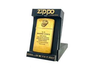 ZIPPO/ジッポー スリム U.S.MARINE CORPS アメリカ軍 紋章 1990年製 ゴールド ケース付き オイルライター 喫煙具 現状品 (46835NH2)