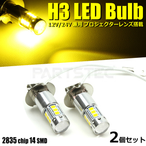 H3 LED ショート フォグランプ バルブ イエロー 黄色 12V 24V 80級 プロジェクターレンズ付 無極性 トラック H3a / 147-96×2