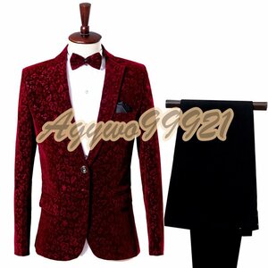 新品 上質 2点セット ワイン赤 ベルベッド素材 花柄 スーツ メンズ スーツセット タキシード 上着 ズボンS M L-4XL演奏会舞台衣装