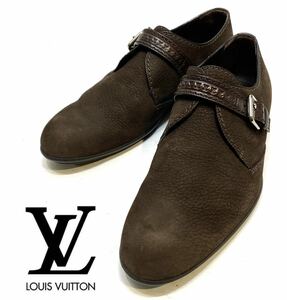 LOUIS VUITTON MENS ストラップベルト ヌバックレザーシューズ ルイヴィトン 革靴 モンクストラップ LVロゴ ダークブラウン 7 26cm