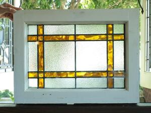 ■アンティークステンドグラス11888-1 オレンジの格子柄 シンプル 英国 イギリス 窓 ドア 内装に ■