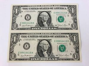 アメリカ 1ドル紙幣 2枚 未裁断 外国紙幣 ドル紙幣 コレクション
