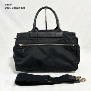 ■1円〜 ＜美品!!＞■Felisi フェリージ 2way ボストンバッグ 手提げ ショルダー 斜めがけ 大きめ 旅行 ナイロン×レザー ブラック P4/6/DS