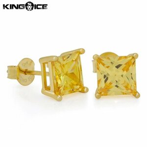 【トップの幅 5mm】King Ice キングアイス イエロー プリンセスカット スタッド ピアス ゴールド Yellow Princess-Cut Stud Earrings