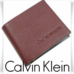 新品1円～★CK CALVIN KLEIN カルバンクライン メンズ 男性用 牛革レザー 二つ折り財布 ブランドロゴ 箱付 ロック ボルドー 本物 ◆1334◆