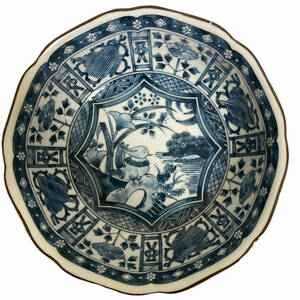 芙蓉手七寸皿 染付 直径約22cm 高さ約8ｃｍ 青花花鳥印判 古美術 和食器鉢 