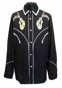 新品 3XLサイズ ウエスタンシャツ 2123 黒×ギター BLACK 配色切替 綺麗め 柄シャツ カウボーイ ロカビリー ロック モード ヴィジュアル系