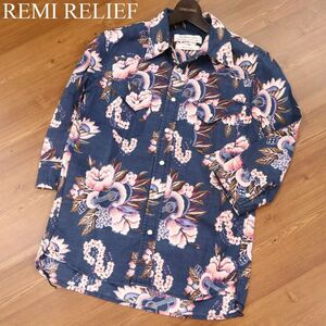 美品★ REMI RELIEF レミレリーフ 花柄 ギター&フラワー総柄★ 春夏 7分袖 ウエスタン シャツ Sz.M　メンズ 日本製　I3T00056_6#A