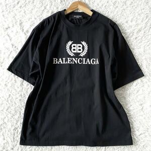 極美品/Lサイズ ●BALENCIAGA バレンシアガ 半袖 Tシャツ カットソー ビッグロゴ ビッグシルエット 黒 ブラック トップス コットン 綿